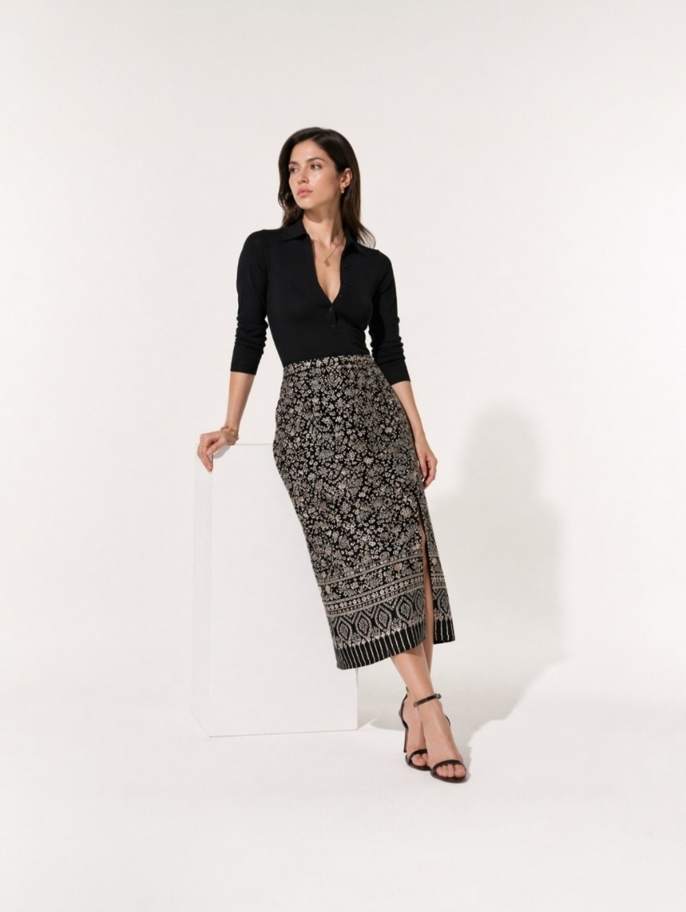 Talbots 100% Silk Floral Midi Skirt 10P Black White Side Slit Petite